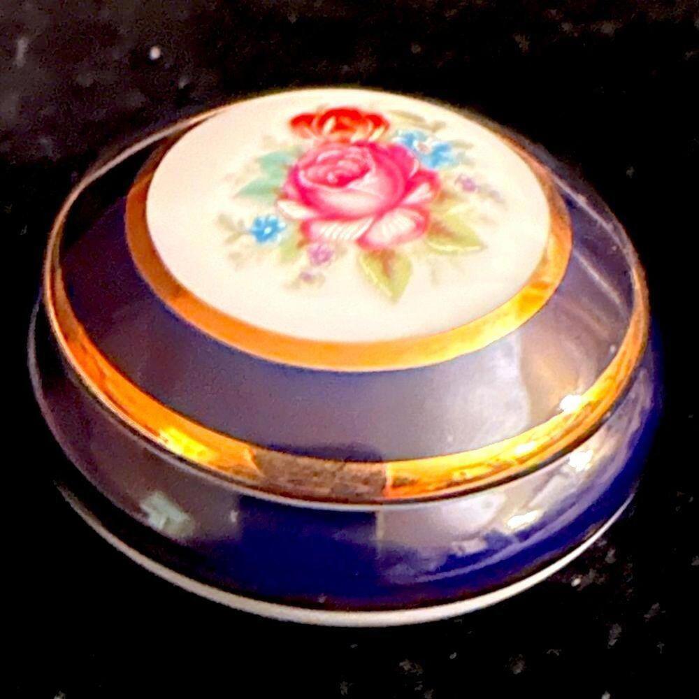 Vintage Limoges mini cobalt blue floral trinket box with 24Kgold details